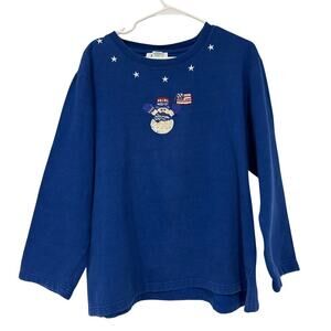 The Quacker Factory Vintage Christmas Sweater Snowman American Flag Blue Large